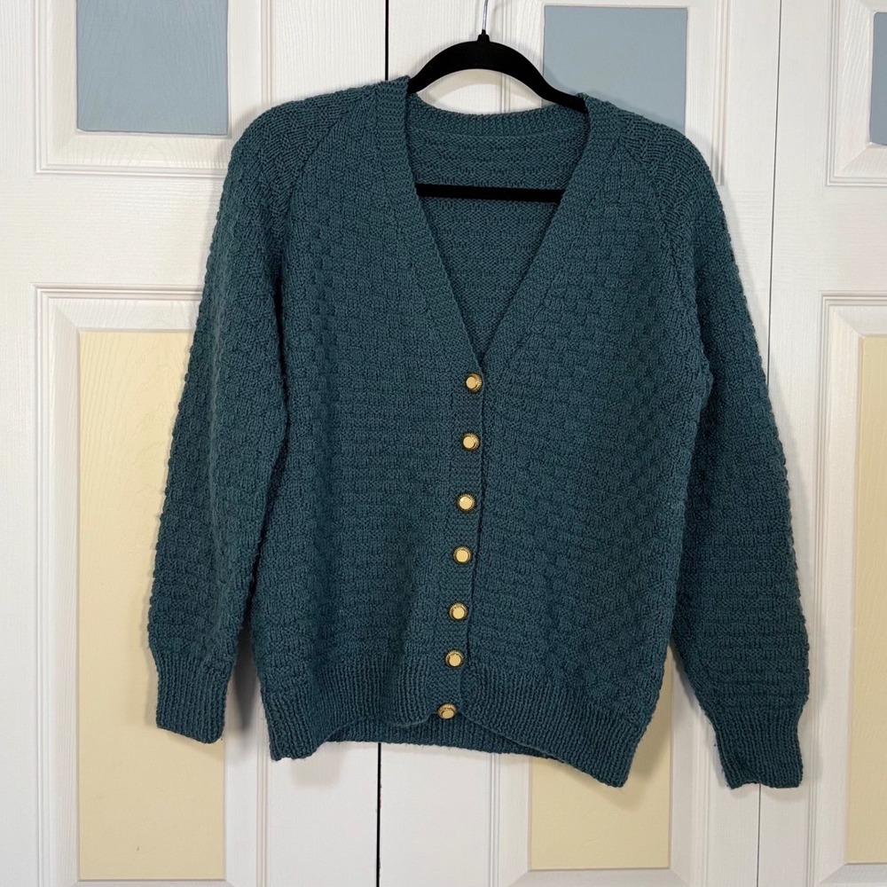 Handmade Teal Blue Textured Knit V-Neck Cardigan Gold Button Sweater Womens